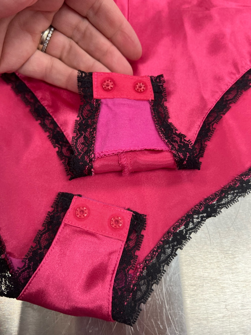 Delicates Hot Pink, Black Lace-Trim, Slip Bodysuit Women’s Medium - Picture 7 of 11